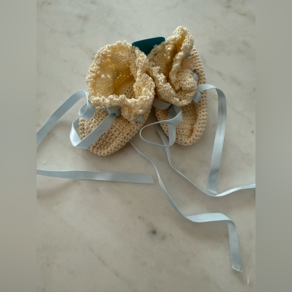 Vintage Handmade Crochet Baby Booties with Blue Ribbon